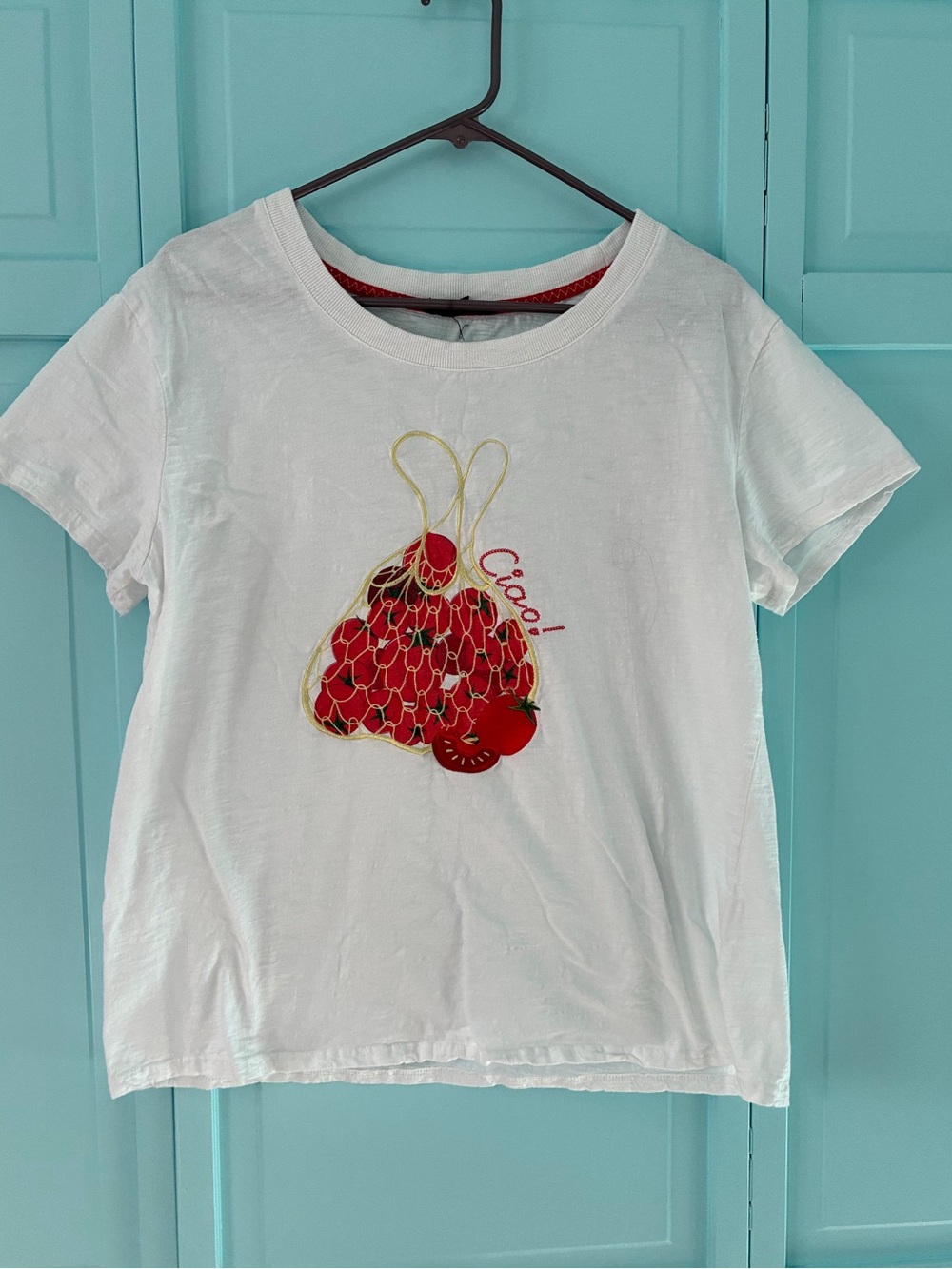 Ladies White Tee with Red bag of tomatoes “Ciao” embroidered Graphic